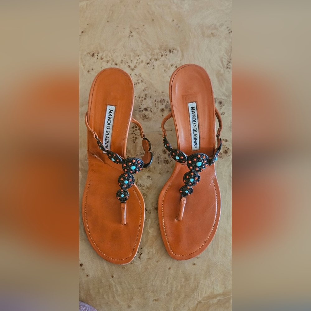 Manolo Blahnik Orange Leather Jeweled T-Strap Sandals